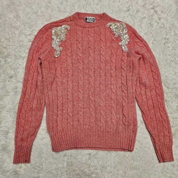 Vintage Glen Kaylin Pink 100% Pure Shetland Wool Knit Sequin Detail Sweater S - Picture 2 of 10